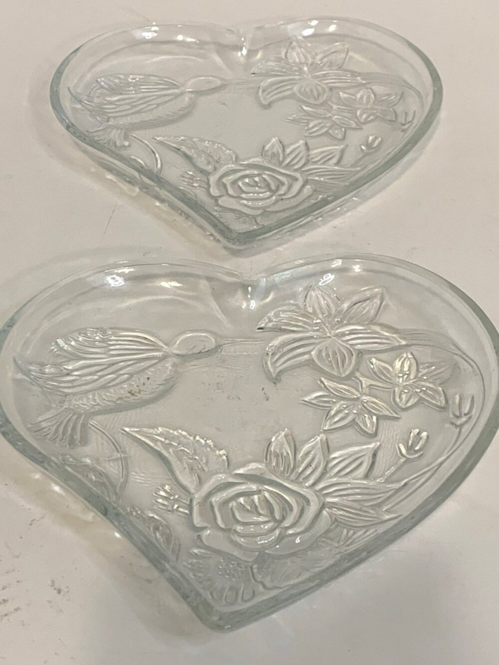 Glass Crystal Heart Shape Dish 6" Set of 2 Floral Embossed